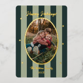 遊び心あふれる緑のストライプの写真ホリデーカード 箔シーズンカード (正面)