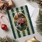遊び心あふれる緑のストライプの写真ホリデーカード 箔シーズンカード