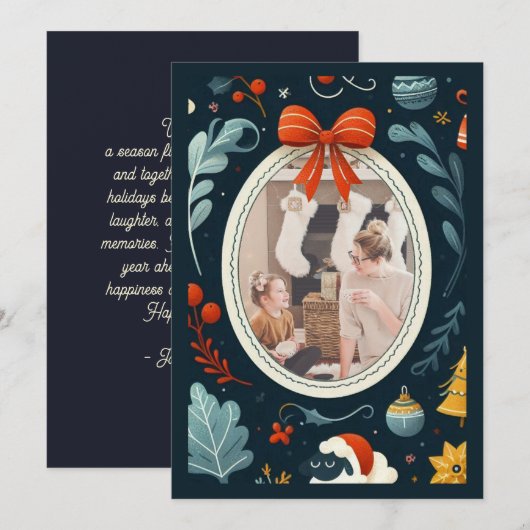 遊び心あふれる装飾的な水彩画のホリデーフレーム シーズンカード (正面/裏面)