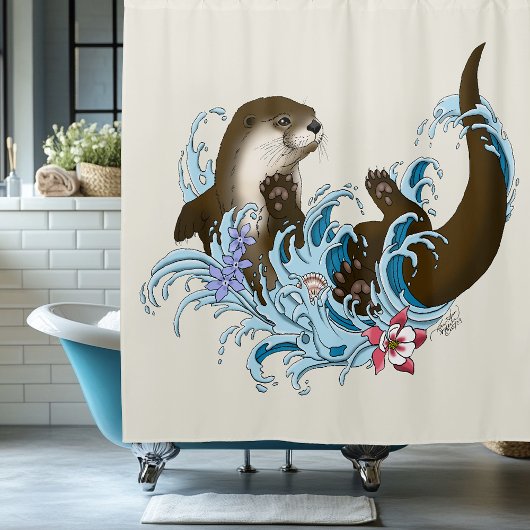 遊び心あふれる青いカワウソの水しぶき シャワーカーテン