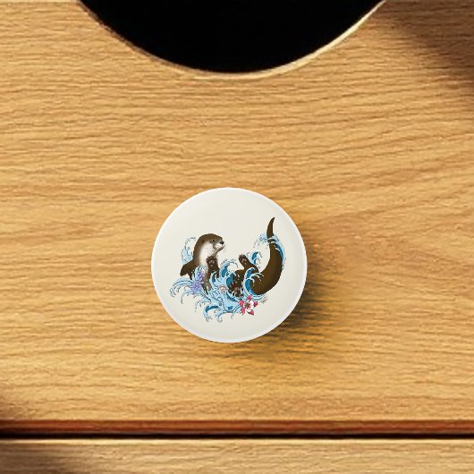 遊び心あふれる青いカワウソの水しぶき セラミックノブ