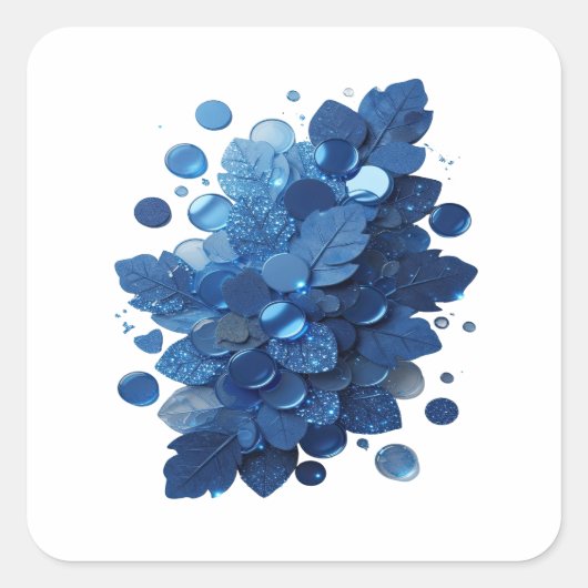 遊び心あふれる青いBLUE LEAVES AND GLITTERY BUBBLES スクエアシール (正面)