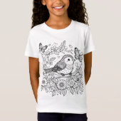 遊び心あふれる鳥と蝶の花模様ラインアート Tシャツ (正面)