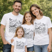 遊び心あふれる鳥と蝶の花模様ラインアート Tシャツ
