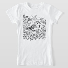 遊び心あふれる鳥と蝶の花模様ラインアート Tシャツ