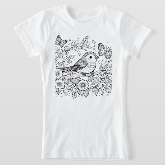 遊び心あふれる鳥と蝶の花模様ラインアート Tシャツ
