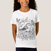 遊び心あふれる鳥と蝶の花模様ラインアート Tシャツ