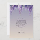 遊び心あふれる グラデーション 紫 花 フォト ウェディング サンキューカード (裏面)
