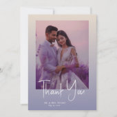 遊び心あふれる グラデーション 紫 花 フォト ウェディング サンキューカード (正面)