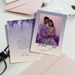 遊び心あふれる グラデーション 紫 花 フォト ウェディング サンキューカード