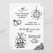 遊び心あふれる 個性的な 楽しい 落書き イラスト ウェディング 招待状 (正面/裏面)