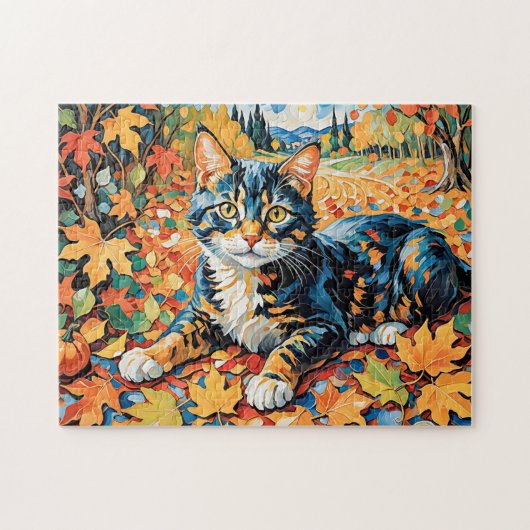 遊び心ある秋の葉の猫 ジグソーパズル (横)