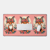 遊び心たっぷりのボヘミアンフォックス フラワーロ crown  ウッドランドピンク デスクマット (キーボード&マウス)