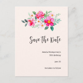遊び心たっぷりの可愛らしいピンクの花束　Save the Date インビテーションポストカード