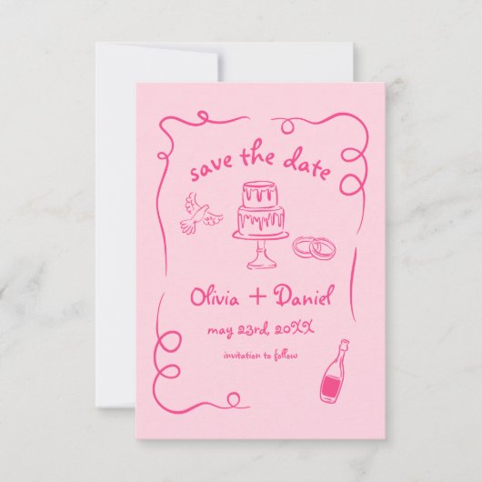 遊び心たっぷりの手描きホットピンクのウェディングフォト セーブザデート (正面)