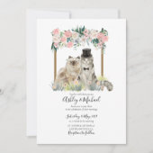 遊び心たっぷりの水彩ねこちゃん ピンクと白の花のアーチ 招待状 (正面)
