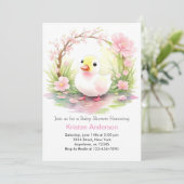 遊び心たっぷりの水彩画のピンクのあひるの女の子のベビーシャワー 招待状 (スタンド正面)