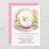 遊び心たっぷりの水彩画のピンクのあひるの女の子のベビーシャワー 招待状 (正面/裏面)