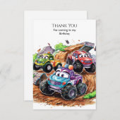 遊び心たっぷり かわいい モンスター トラックの誕生日 サンキューカード (正面/裏面)