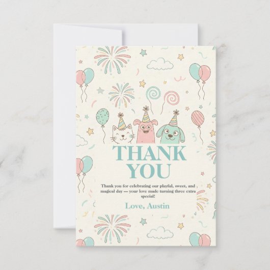 遊び心たっぷり スウィートな3歳誕生日招待状 サンキューカード (正面)