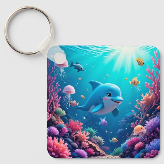 遊び心のあるイルカとカラフルな海洋生物 キーホルダー (正面)