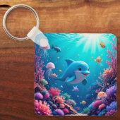 遊び心のあるイルカとカラフルな海洋生物 キーホルダー (正面)