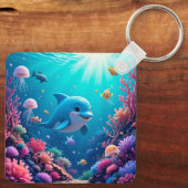 遊び心のあるイルカとカラフルな海洋生物 キーホルダー (裏面)