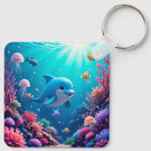 遊び心のあるイルカとカラフルな海洋生物 キーホルダー (裏面)