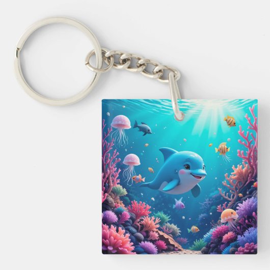 遊び心のあるイルカとカラフルな海洋生物 キーホルダー (正面)