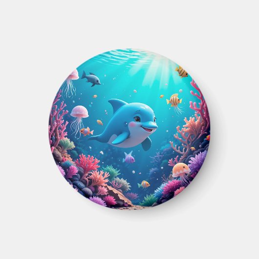 遊び心のあるイルカとカラフルな海洋生物 マグネット (正面)