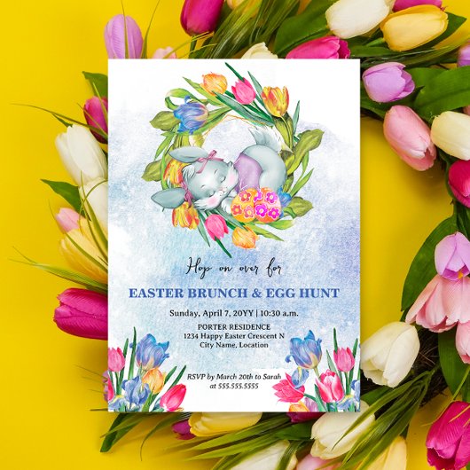 遊び心のあるイースターエッグとチューリップのうさぎ 招待状