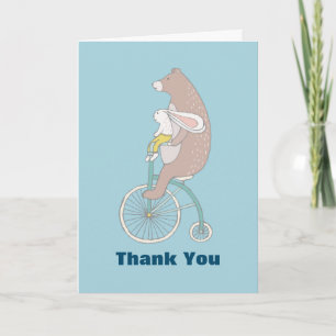 遊び心のあるウサギとクマが自転車に乗ってありがとう サンキューカード