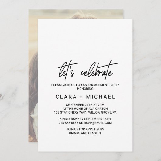 遊び心のあるカリグラフィー写真バック Let's Celebrate 招待状 (正面/裏面)