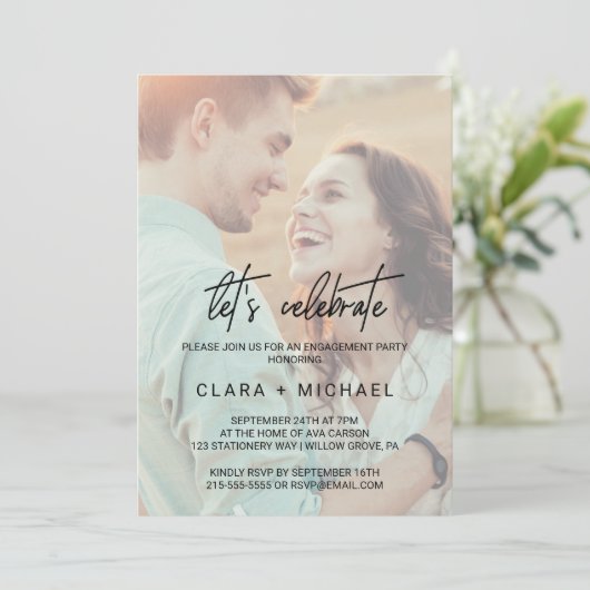 遊び心のあるカリグラフィー フェード写真 お祝いしよう 招待状 (スタンド正面)