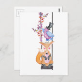 遊び心のあるキツネと鳥 ポストカード (正面/裏面)