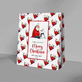 遊び心のあるキャラクターサンタクロースの輝くクリスマス ミディアムペーパーバッグ