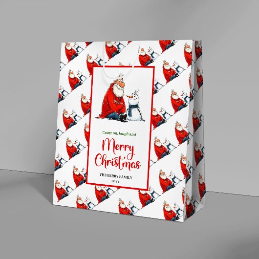 遊び心のあるキャラクターサンタクロースの輝くクリスマス ミディアムペーパーバッグ