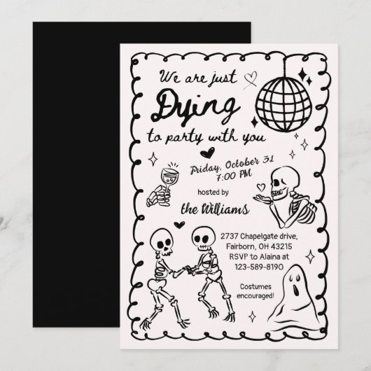  遊び心のあるクセのある手描きスケルトンのハロウィン  招待状 (正面/裏面)
