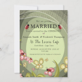 遊び心のあるグリーンとテントウムシのウェディング 招待状