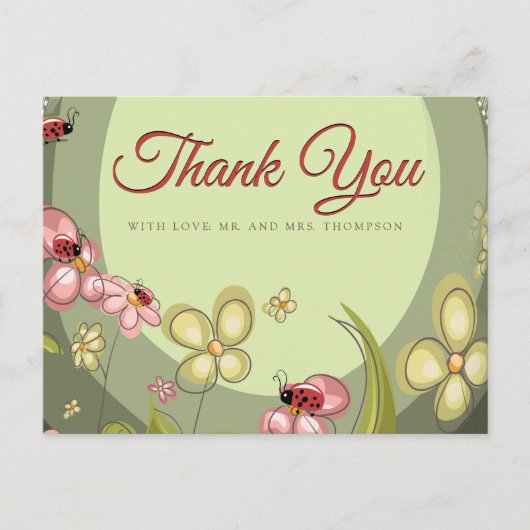 遊び心のあるグリーンとテントウムシの感謝 ポストカード (正面)
