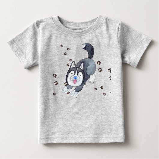 遊び心のあるシベリアンハスキーの赤ちゃん犬の足跡 ベビーTシャツ (正面)
