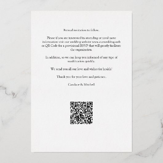 遊び心のあるシンプルなエレガントな写真おもしろいカップル 箔招待状 (裏面)