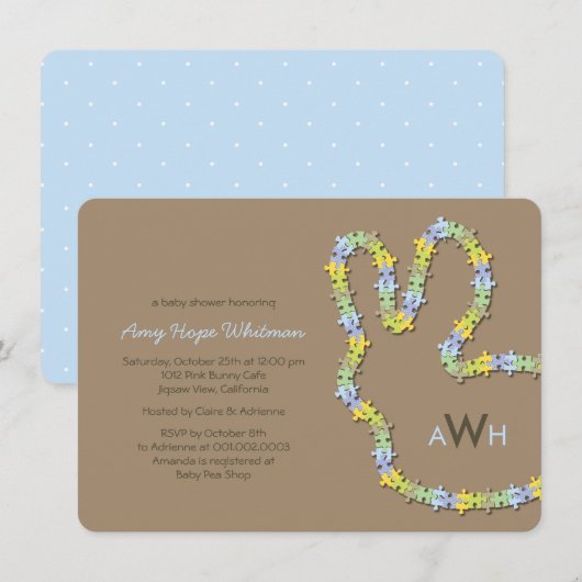 遊び心のあるジグソーパズル 青いウサギの男の子 ベイビーシャワー 招待状 (正面/裏面)