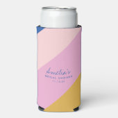 遊び心のあるストライプ 青 黄色 カスタム ブライダルシャワー スリム缶クーラー (Seltzer正面)