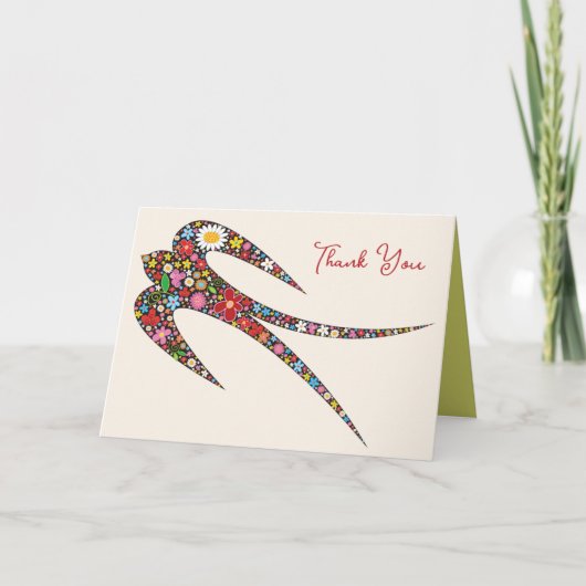 遊び心のあるスワロー 色鮮やかな春の花 サンキューカード (正面)