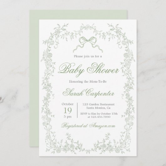 遊び心のあるセージグリーンのベビーシャワー 招待状 (正面/裏面)