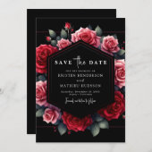 遊び心のあるタイポグラフィー 深紅のウェディング セーブザデート (正面/裏面)
