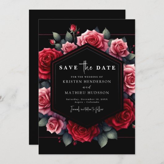 遊び心のあるタイポグラフィー 深紅のウェディング セーブザデート (正面/裏面)