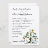 遊び心のあるターコイズブルーとコーラル ラブバード ツリー ウェディング 招待状 (正面/裏面)