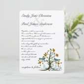 遊び心のあるターコイズブルーとコーラル ラブバード ツリー ウェディング 招待状 (スタンド正面)